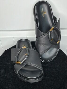 Banana Republic Made In Italy Black Leather Slides With Brushed Gold Buckles